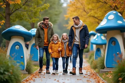 Famille souriante dans le parc des Schtroumpfs en automne