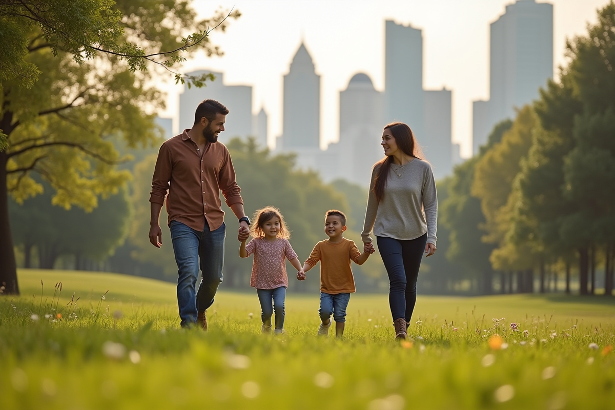 Groupe de parents et enfants marchant dans un parc urbain