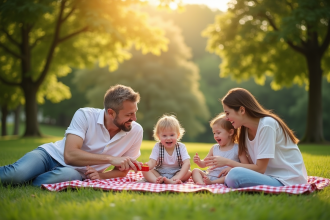 Famille joyeuse pique-niquant dans un parc en été