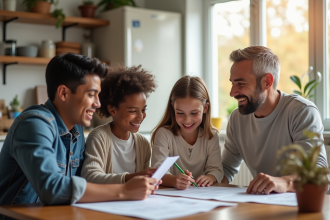 Famille diverse souriante à la table de cuisine