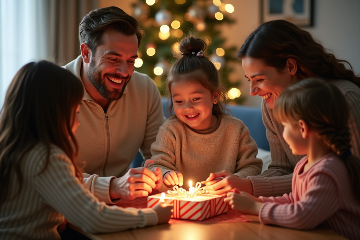 Famille heureuse échangeant des cadeaux autour d une table
