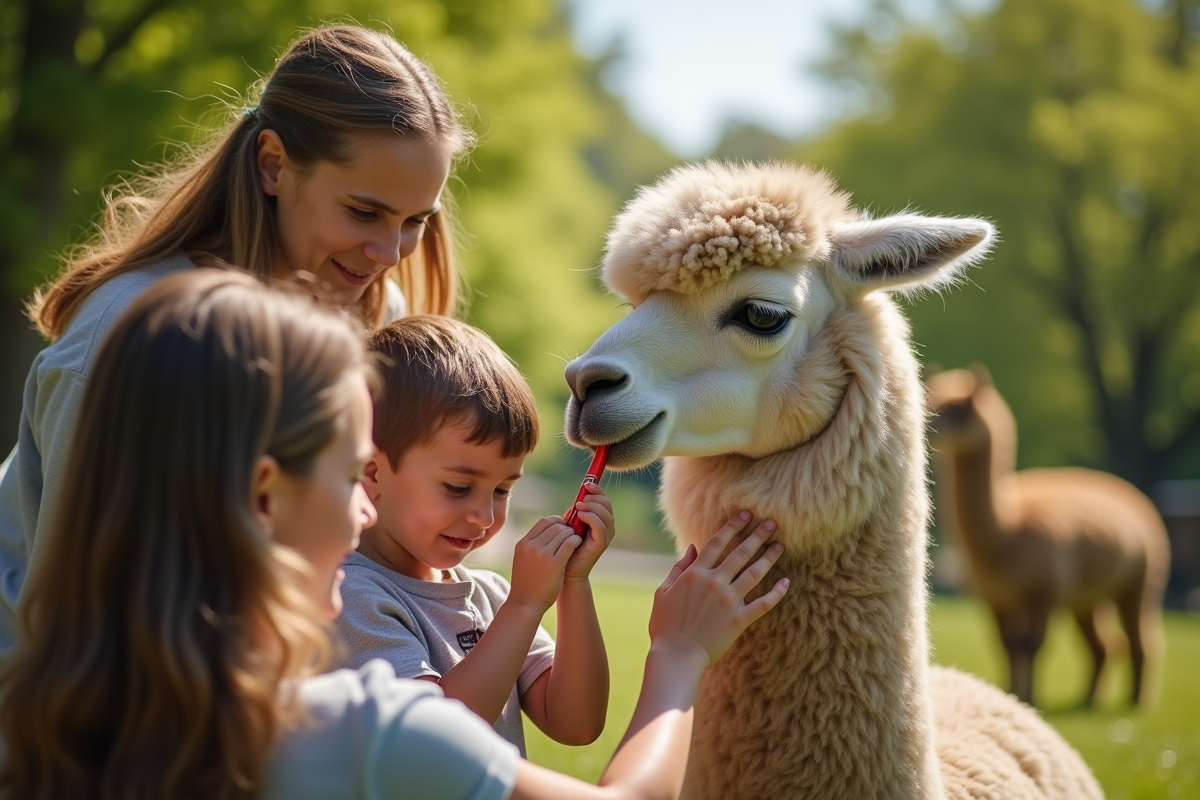 Famille soignant un llama calme en plein air ensoleille
