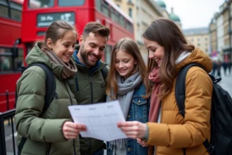 Famille britannique consultant un calendrier scolaire devant un bus rouge à Londres pendant les vacances scolaires 2026