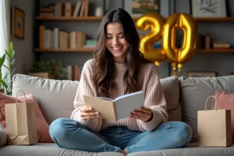 Jeune femme de 20 ans rit en lisant des cartes d'anniversaire