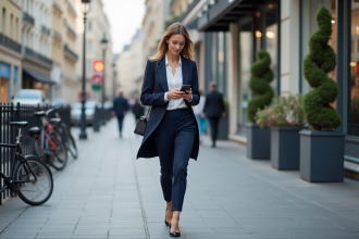 Jeune femme d'affaires dans Paris avec smartphone