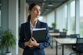 Femme d'affaires en costume navy consulte des documents législation 2025