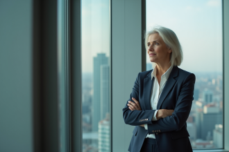 Femme d'affaires réfléchie près d'une fenêtre en ville