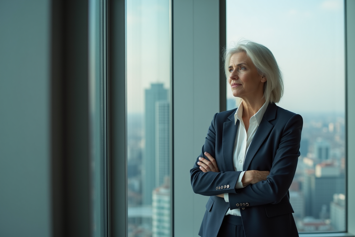 Femme d'affaires réfléchie près d'une fenêtre en ville