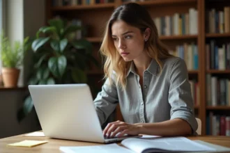 Jeune femme analysant des informations en ligne sur son ordinateur portable, entourée d'articles imprimés dans un bureau à domicile moderne