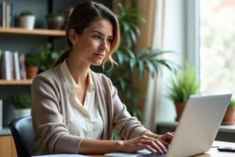Femme concentrée travaillant sur son ordinateur dans un bureau à domicile