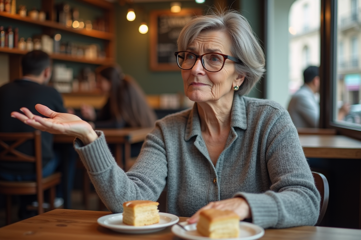 Femme sceptique dans un café parisien intérieur