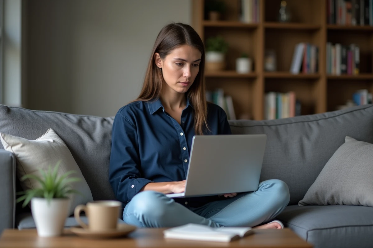 Femme en congé maternité au chômage recherchant des informations sur sa retraite sur un ordinateur portable à la maison