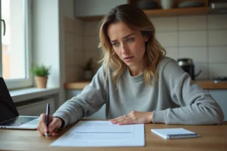 Femme consultant des documents CAF liés à ses droits au logement à son domicile en 2026