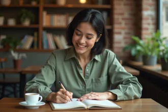 Femme adulte écrivant un message d'anniversaire sincère dans un carnet dans un café chaleureux