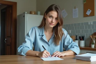 Jeune femme écrivant une lettre dans sa cuisine lumineuse
