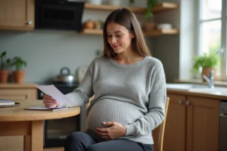 Femme enceinte en congé maternité consultant des documents sur sa retraite à domicile