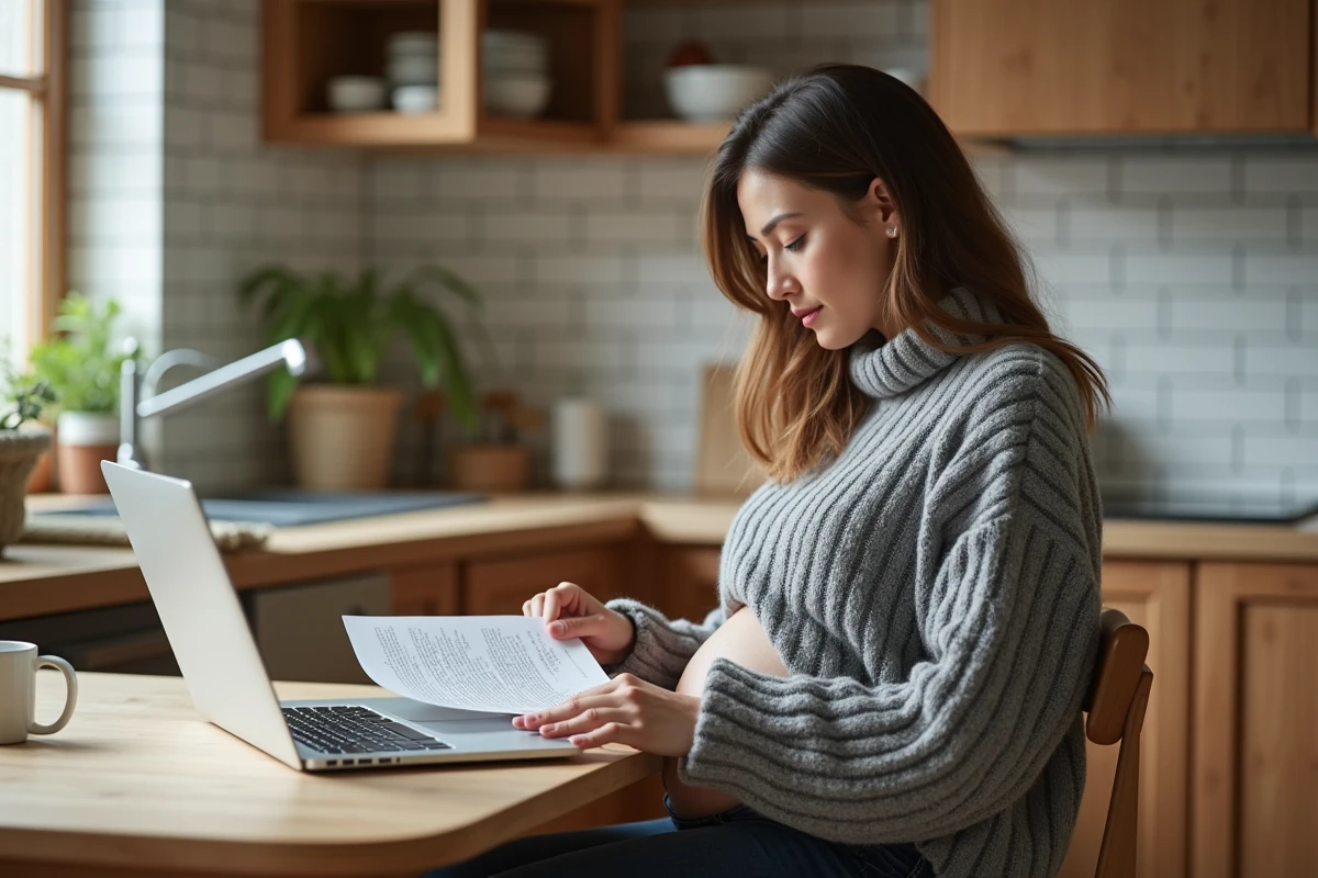 Femme enceinte consultant un courrier de congé parental sur son ordinateur à la maison
