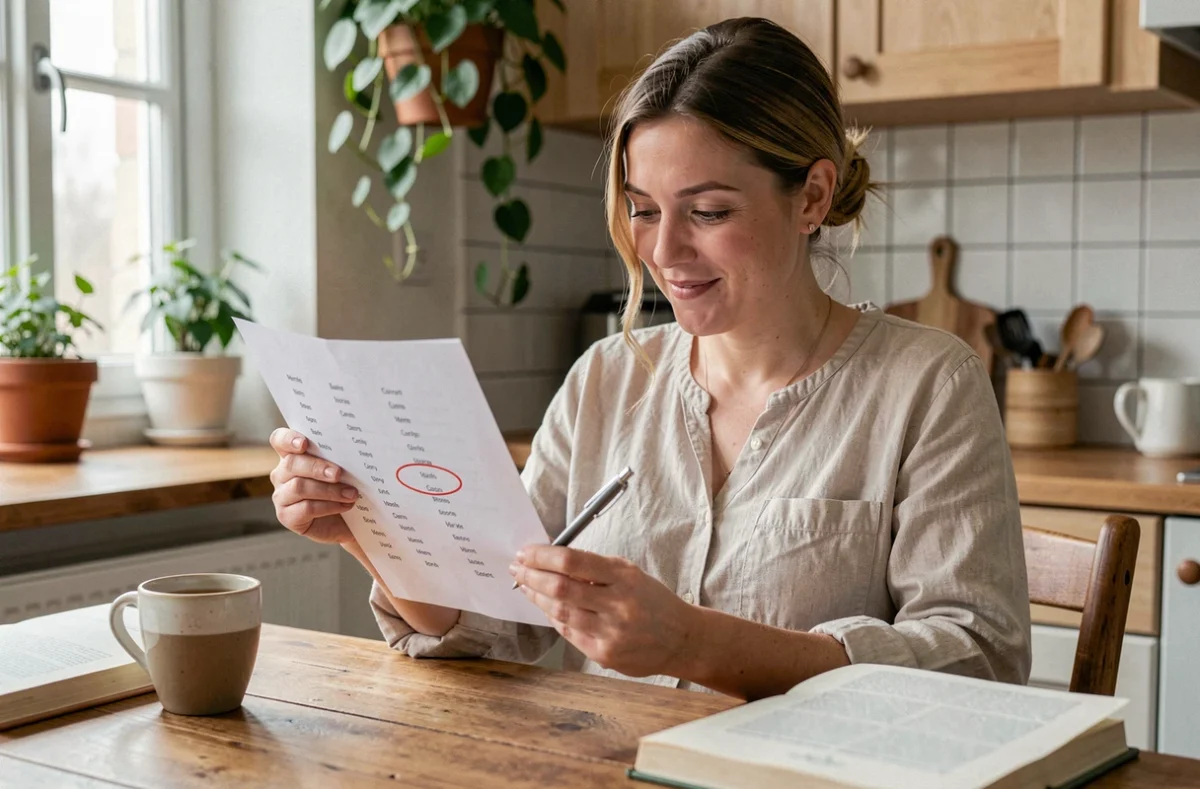 Femme enceinte entourant des prénoms sur une liste imprimée à la table de cuisine