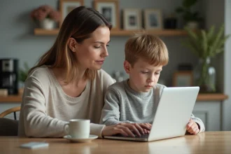 Femme et enfant utilisant un ordinateur dans la cuisine