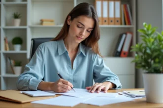 Femme remplissant un formulaire de changement d'adresse pour la CAF à son bureau à domicile