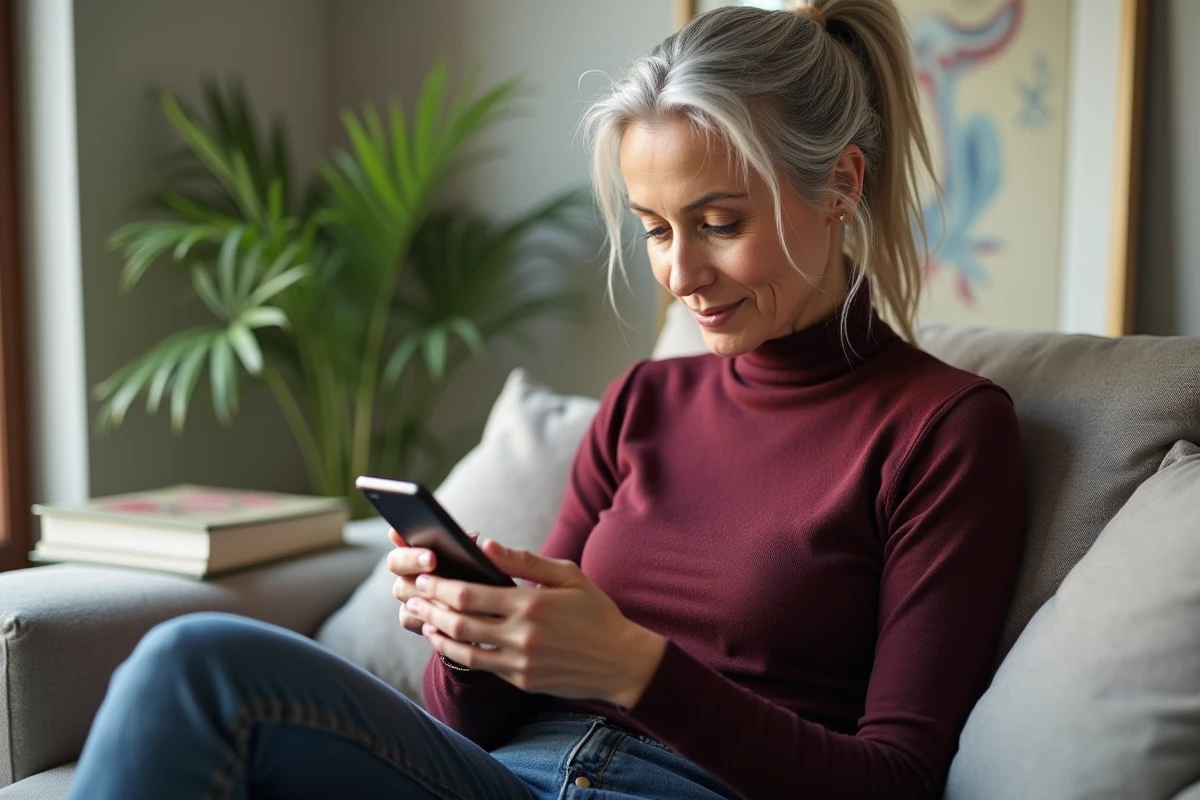 Femme d'âge mûr rédigeant un message d'anniversaire sincère sur son téléphone dans son salon