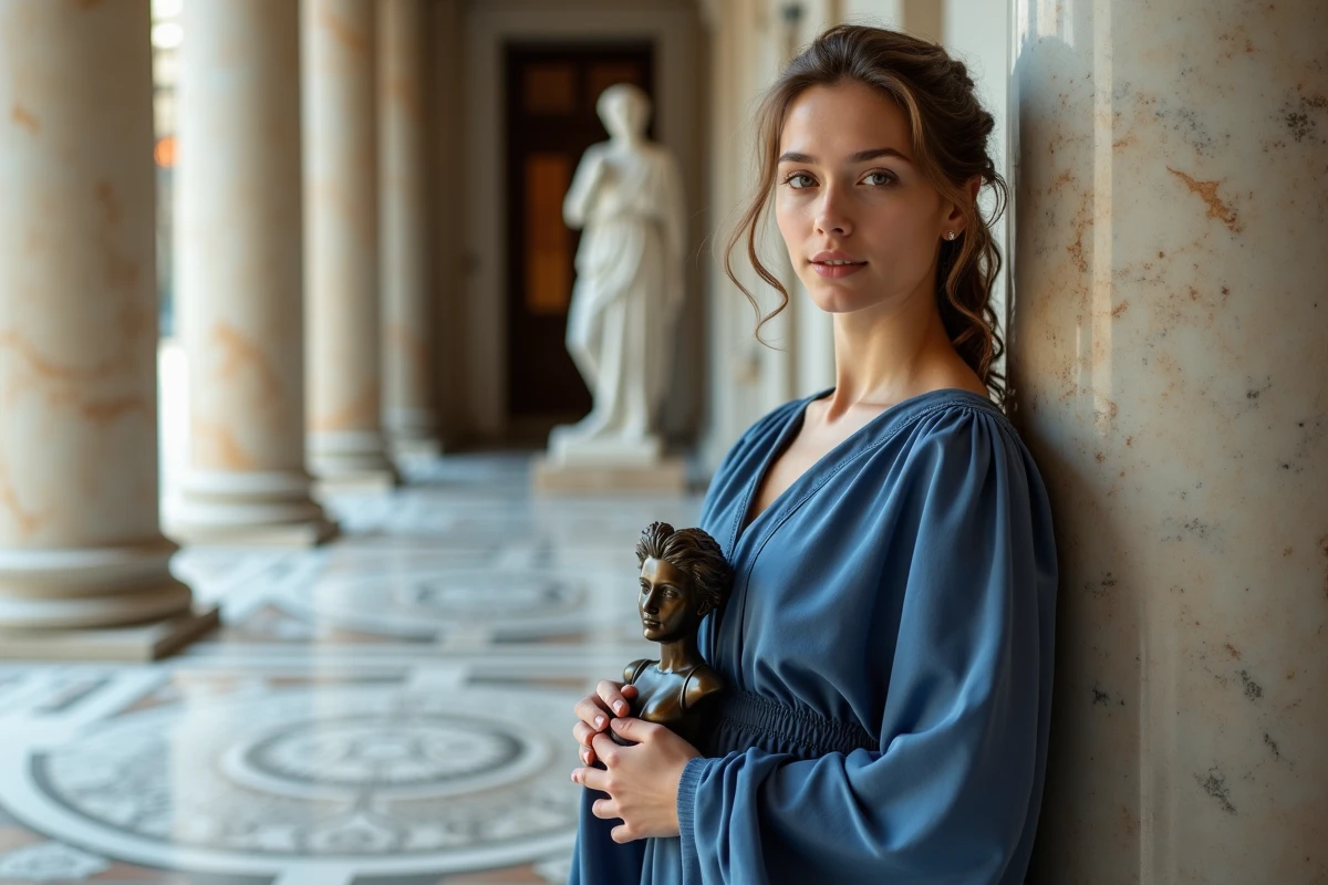 Femme en tunique bleue devant statue dAthena au musee