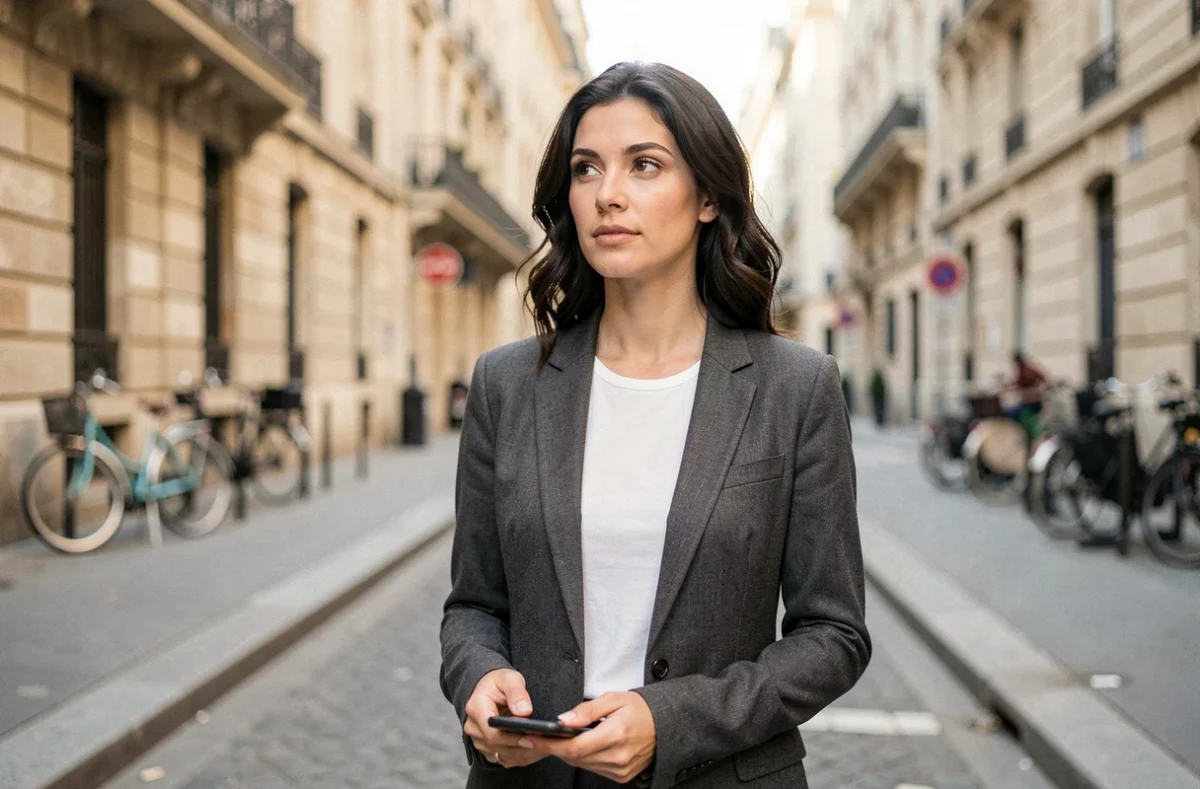 Femme publique connue posant en extérieur dans une rue parisienne avec une expression assurée et naturelle