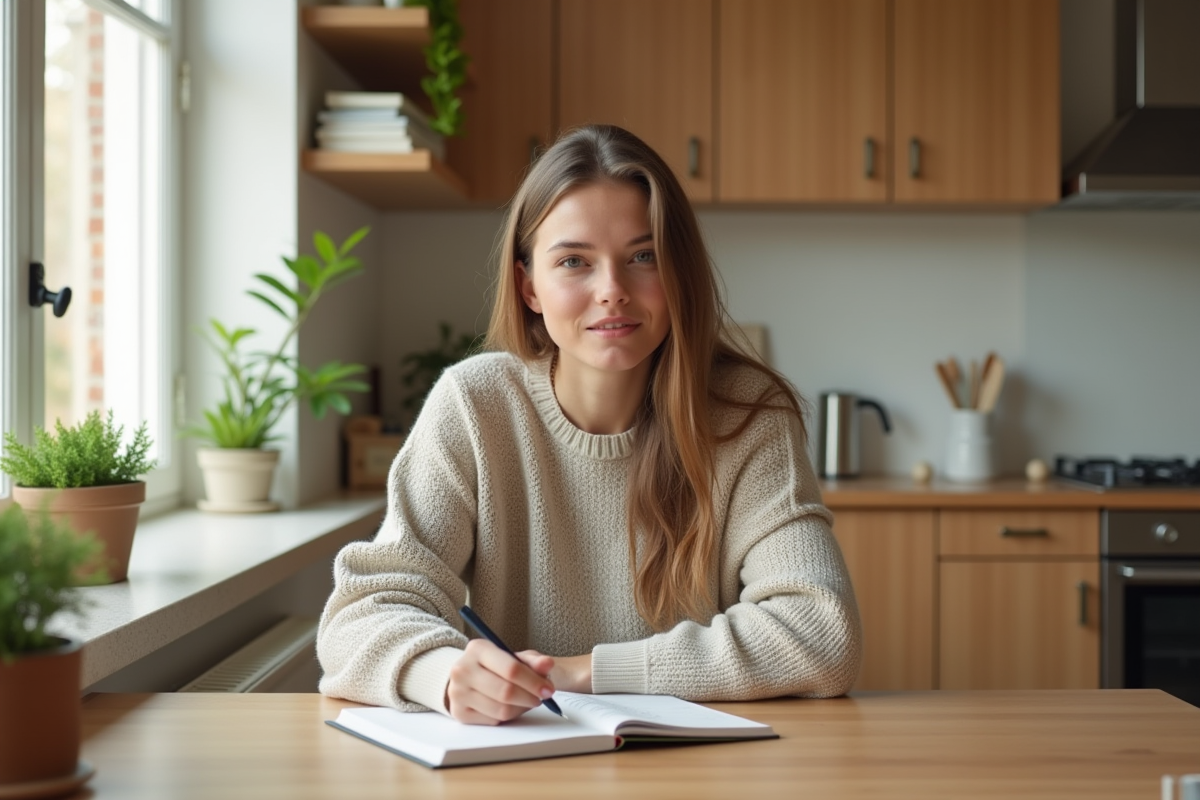 Femme planifiant ses repas de la semaine dans une cuisine lumineuse