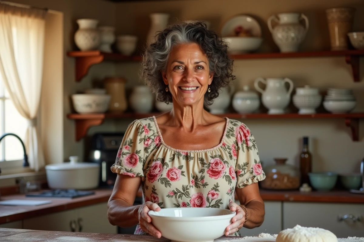 Femme d'âge mûr aux origines méditerranéennes préparant un repas traditionnel dans une cuisine familiale, symbole des racines culturelles et de l'héritage familial