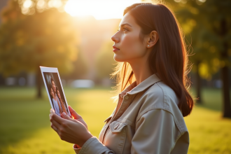 Femme dans un parc ensoleille regardant une photo de famille