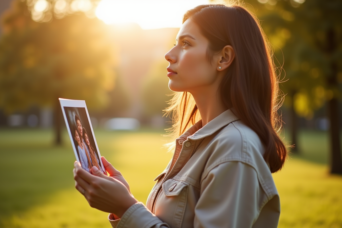 Femme dans un parc ensoleille regardant une photo de famille