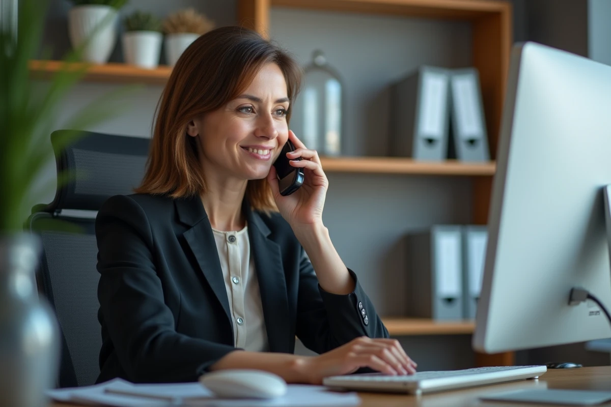 Femme professionnelle au bureau parlant au téléphone avec branding SNCF