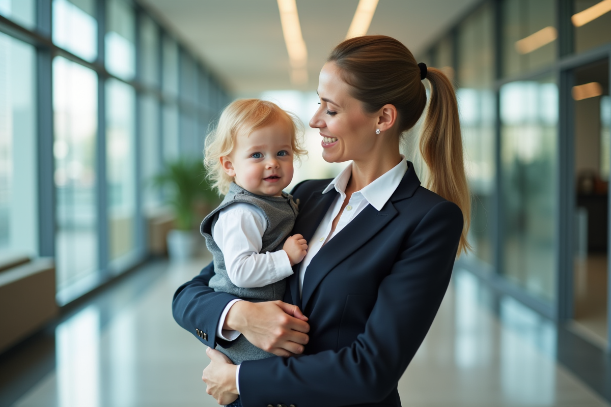 Femme en costume avec son enfant dans un hall moderne