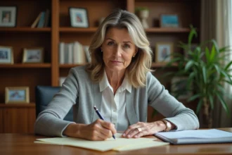 Femme rédigeant une lettre au juge pour la garde d'enfant à son bureau à domicile