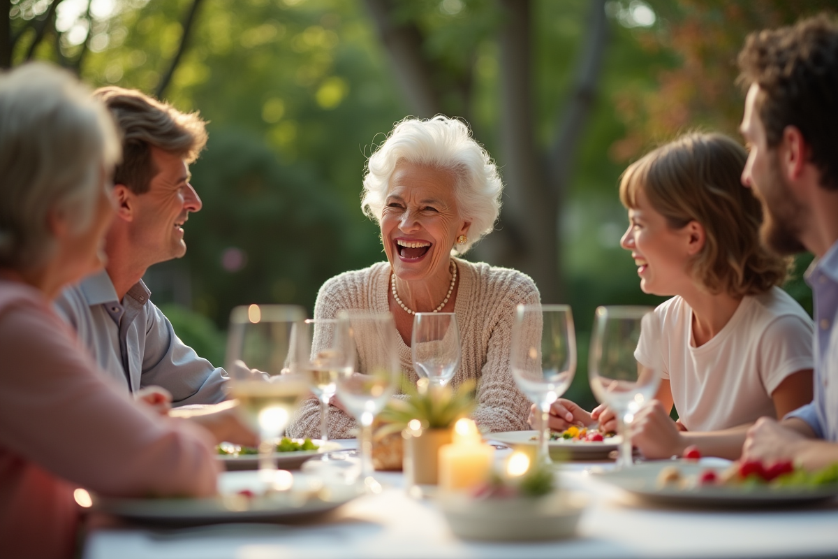 Femme âgée riant avec famille autour d