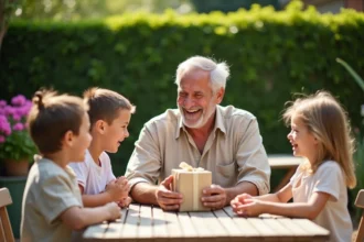 Grand-père recevant un cadeau fait main de ses petits-enfants dans un jardin lors de la fête des grands-pères