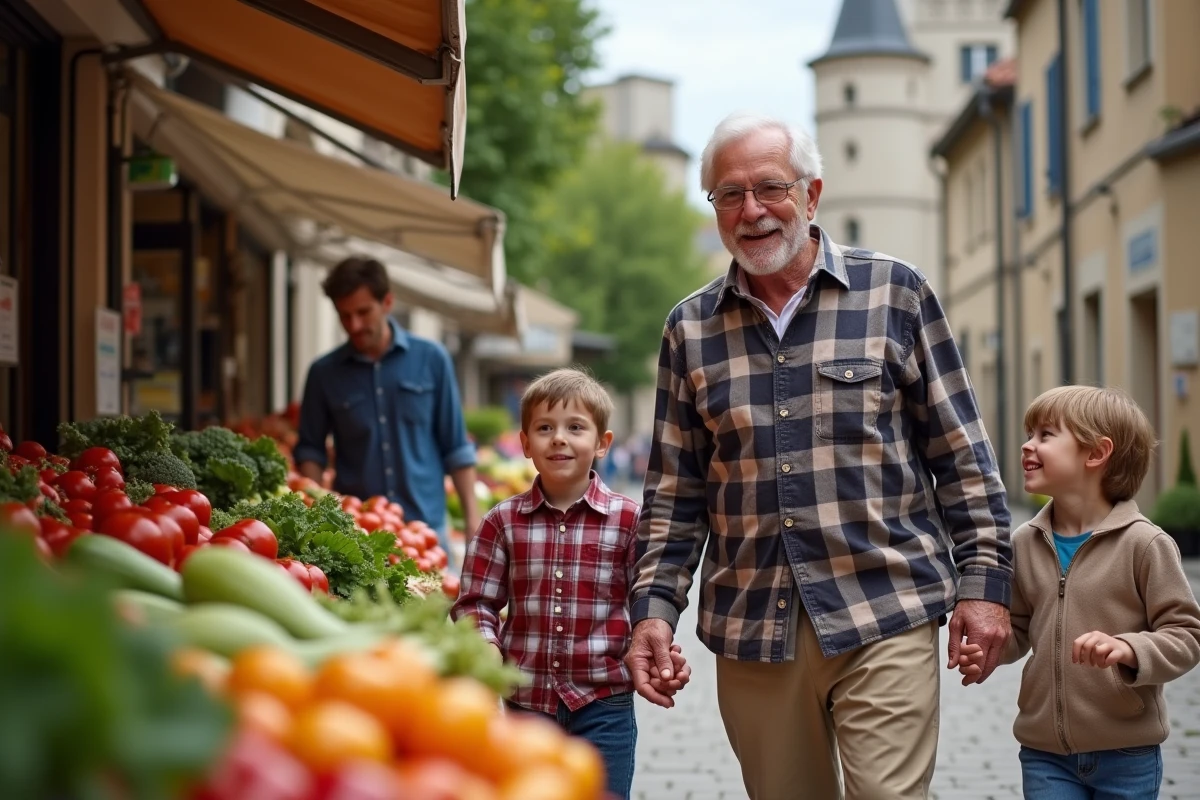 Grand-père en promenade avec sa famille au marché local lors d'une sortie simple pour la fête des grands-pères