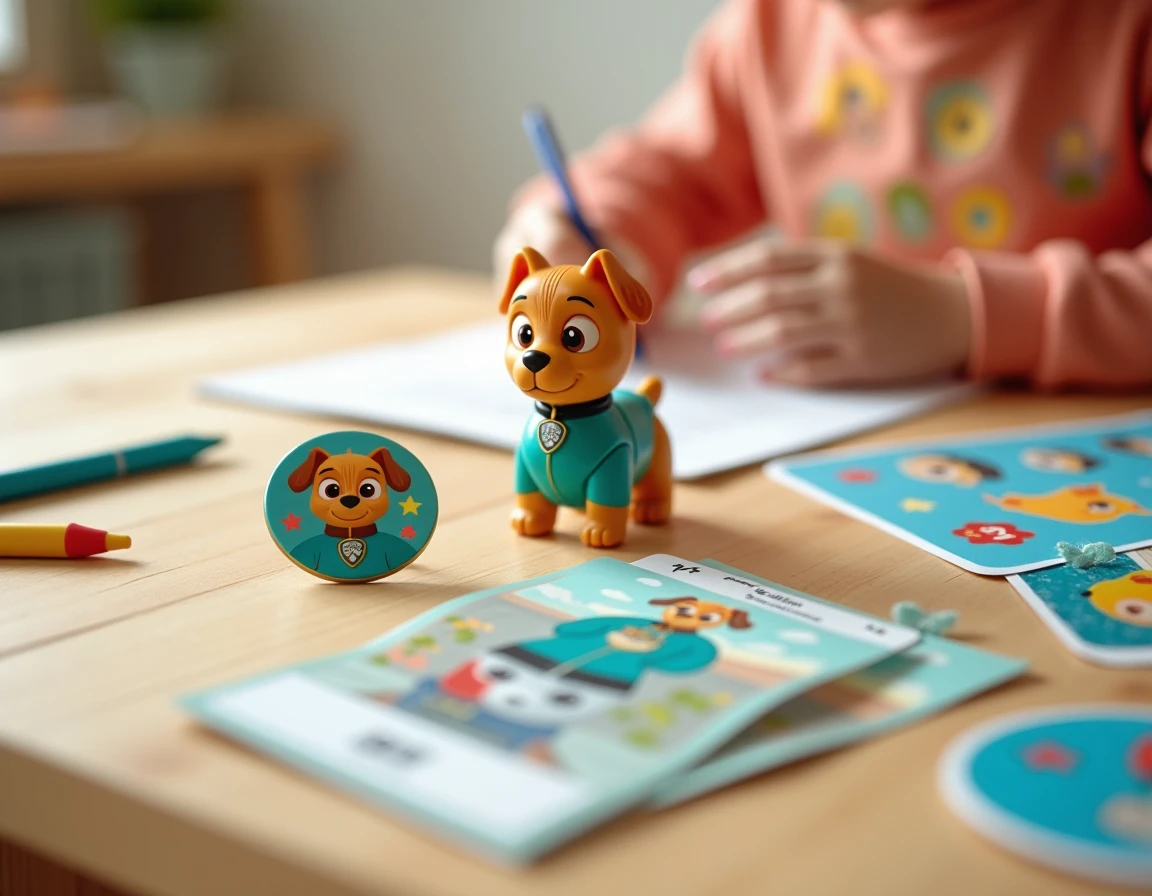 Figurine et accessoires du nouveau chien Pat' Patrouille en vue à plat sur une table en bois, badge et stickers colorés