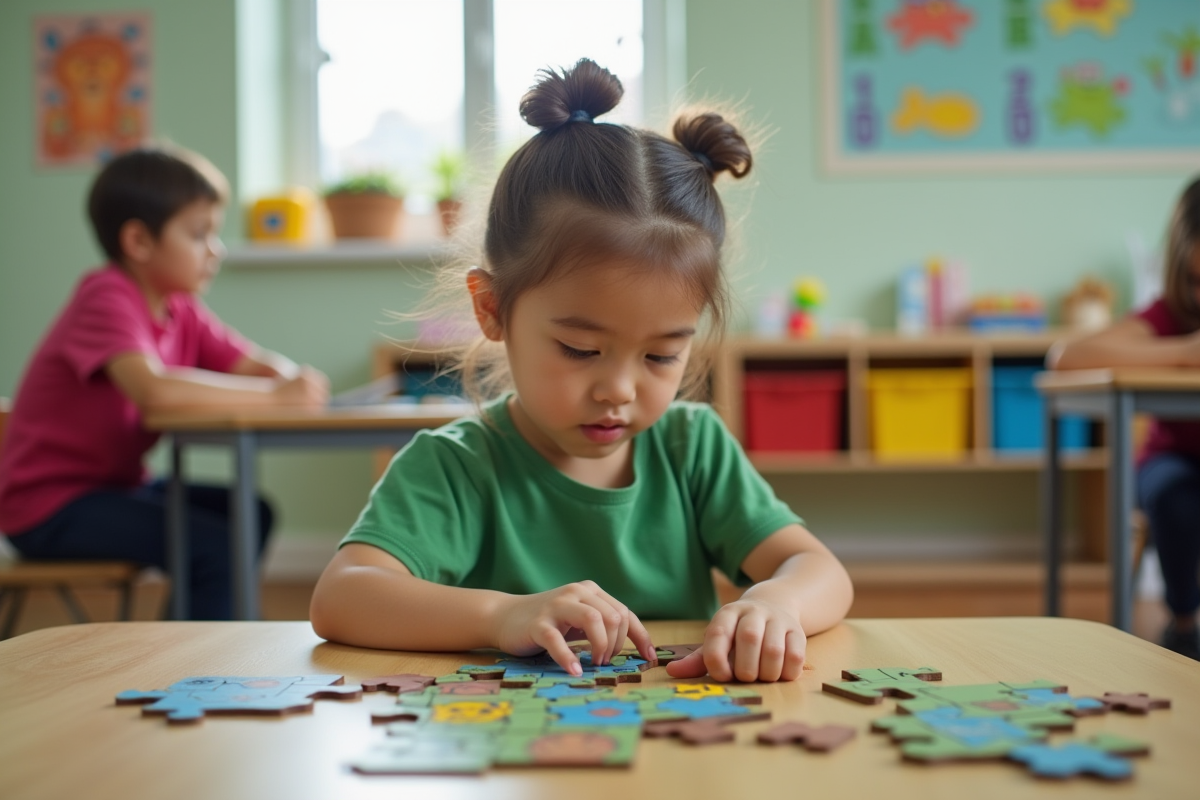 Jeune fille concentrée en résolvant un puzzle en classe