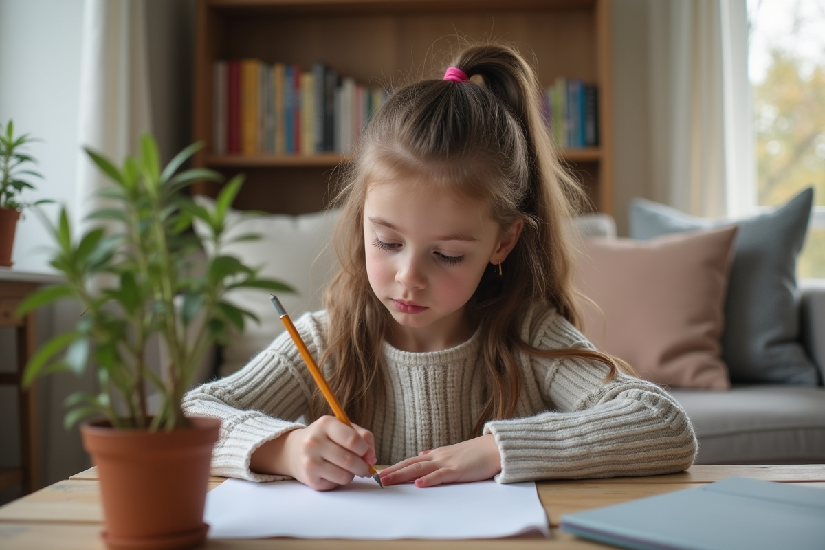 Fille dessinant tranquillement à une table dans un intérieur cosy