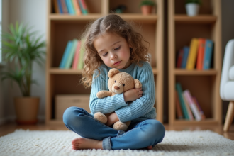 Jeune fille de 7 ans avec cheveux bouclés assise sur un tapis