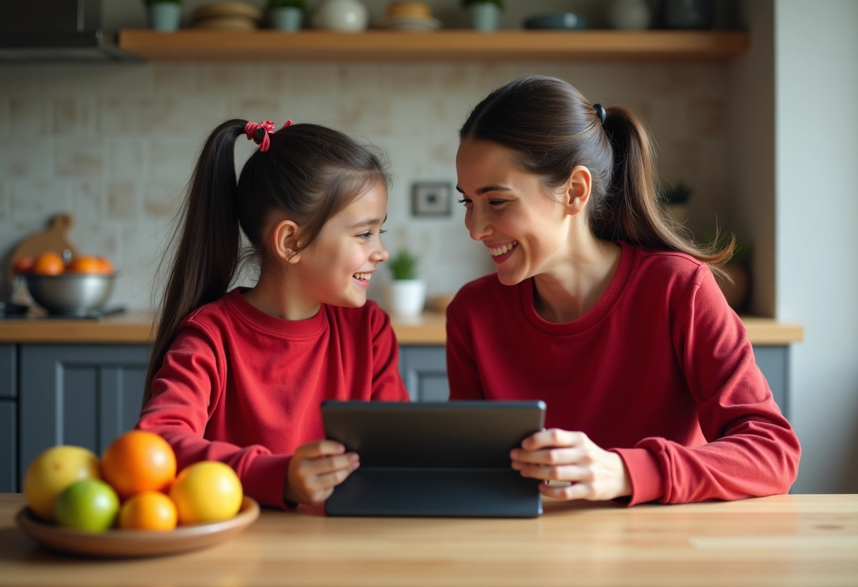 Fille de 10 ans et sa mère discutant autour d