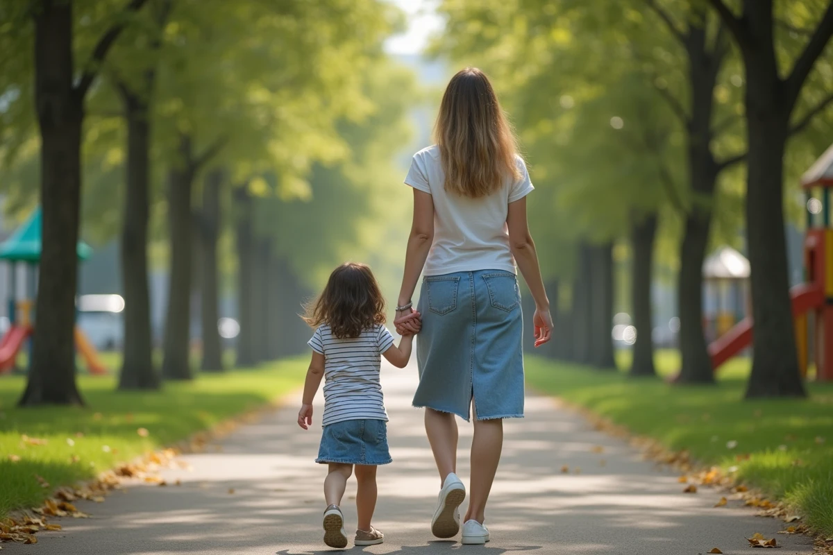 Fille de huit ans marche avec une adulte dans un parc urbain