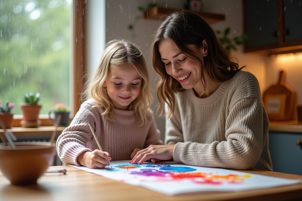 Fille et mère peignant sous la pluie dans la cuisine