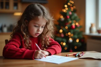 Fillette écrivant une lettre au Père Noël sur un modèle imprimé à la table de cuisine décorée pour Noël