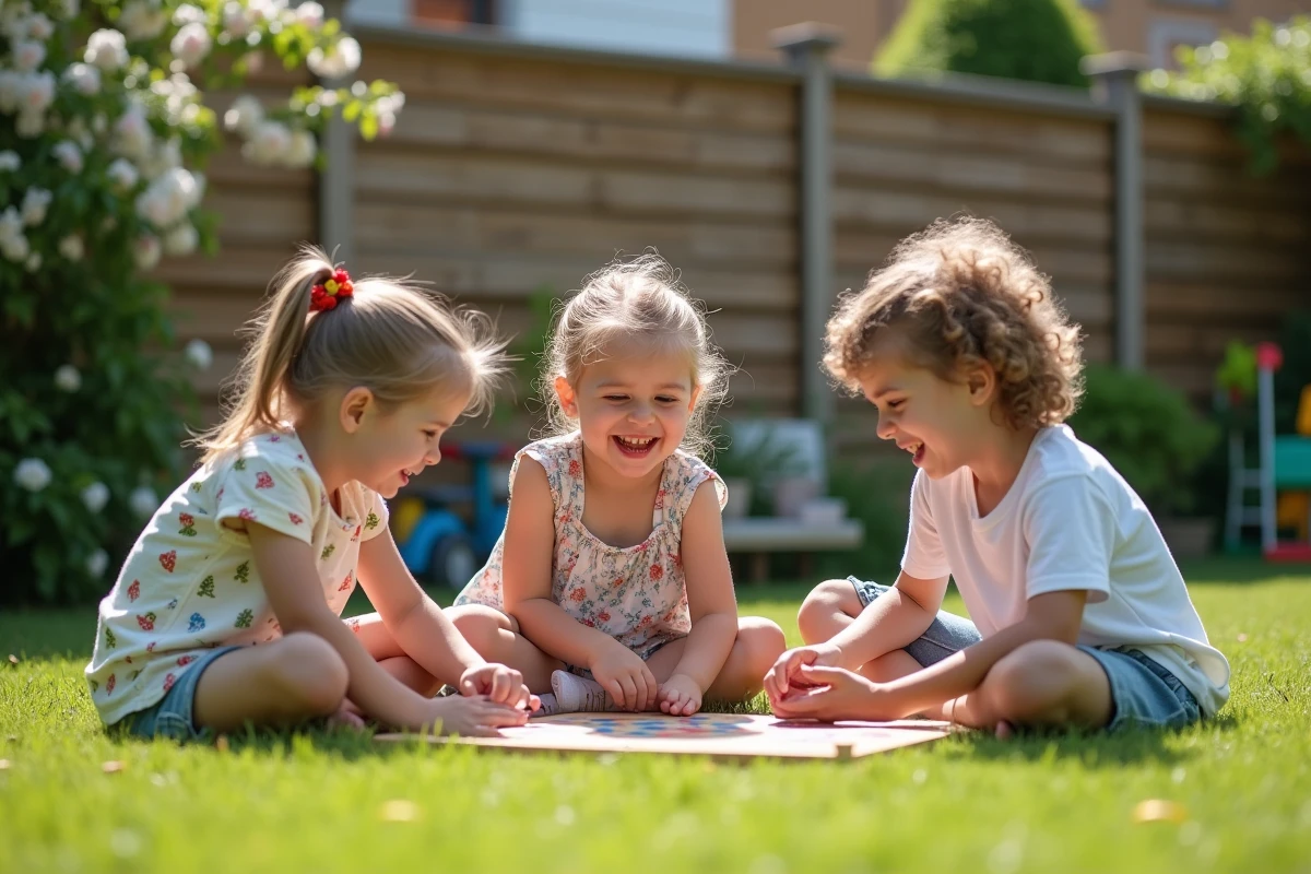 Trois enfants jouent ensemble dans le jardin en été