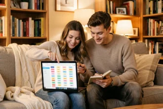 Couple de futurs parents consultant une liste de prénoms sur un ordinateur portable dans leur salon