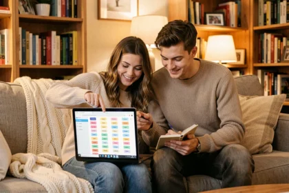 Couple de futurs parents consultant une liste de prénoms sur un ordinateur portable dans leur salon