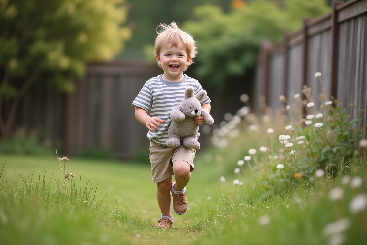 Garçon de deux ans courant dans un jardin en souriant avec un lapin en peluche