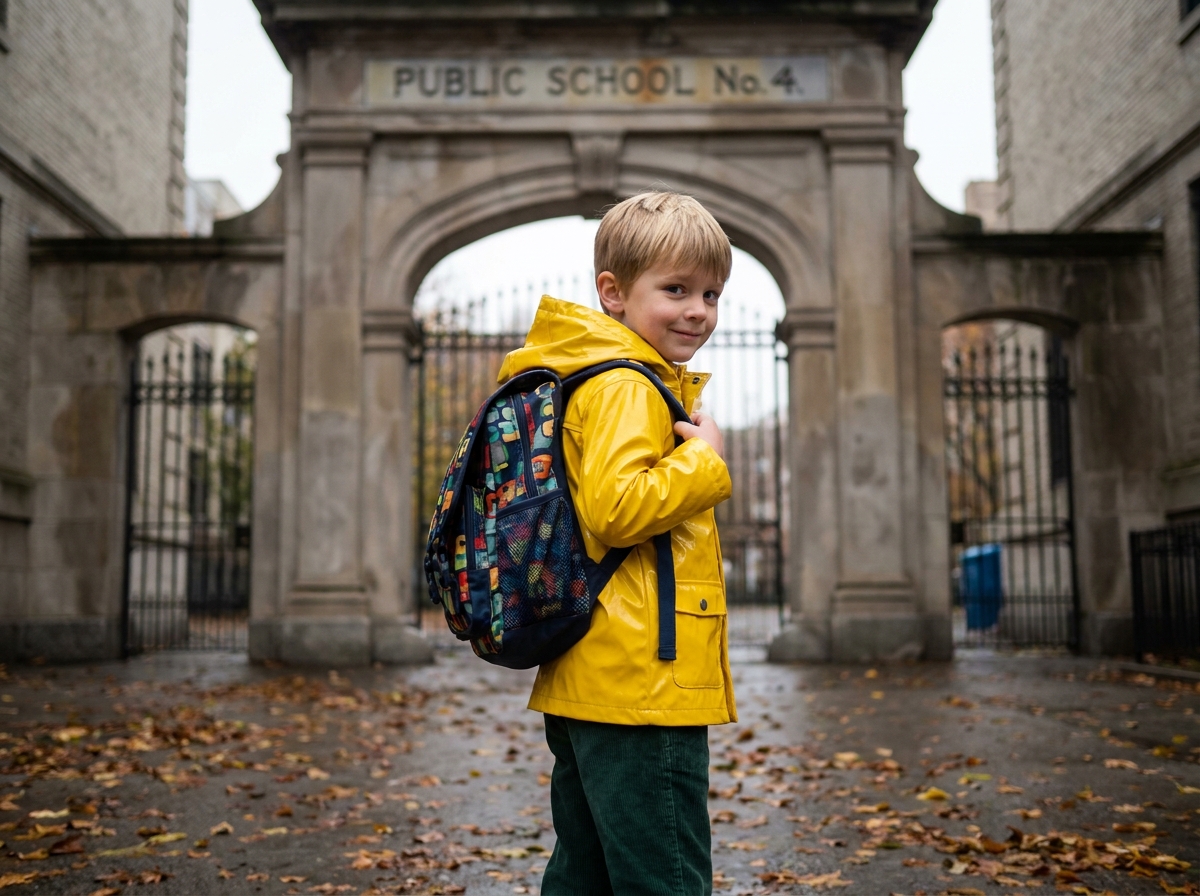 Petit garçon de CP devant la grille de son école avec son nouveau cartable le jour de la rentrée